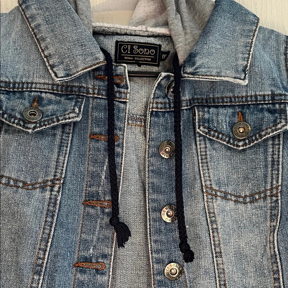 Blue Denim Vest with Gray Hoodie - Picture 2 of 3